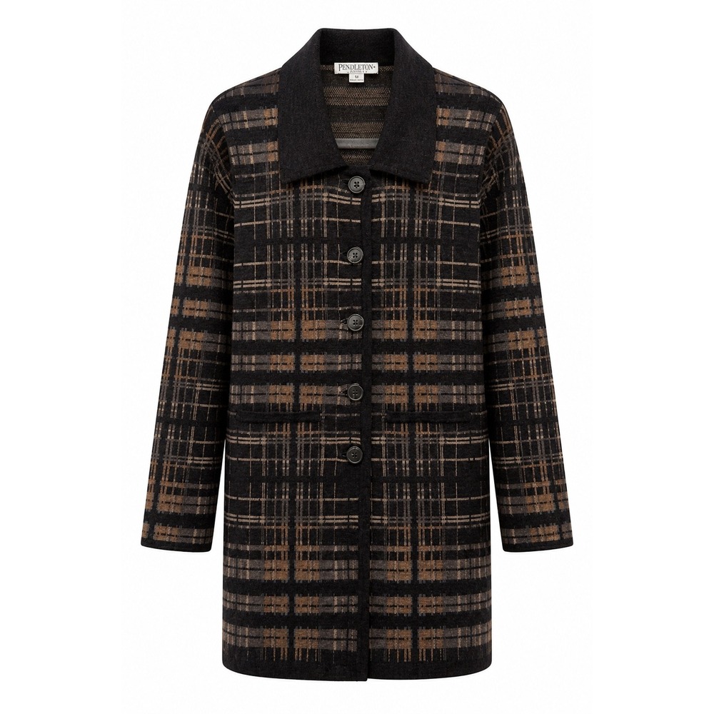 Pendleton Merino Wool Button Cardigan Long Line Sweater Duster Brown Plaid SZ MP